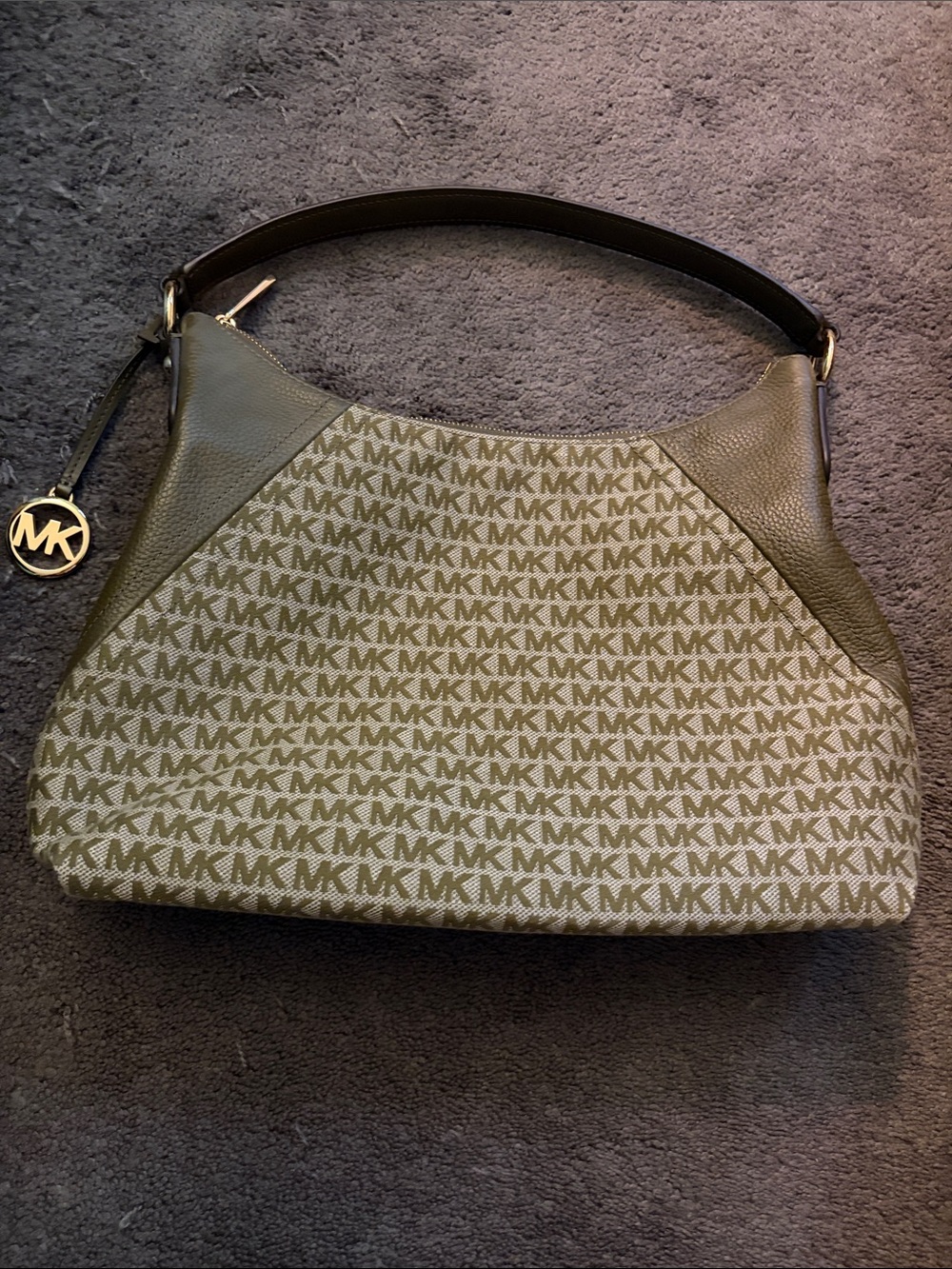 Michael Kors Olive Logo Shoulder Bag with Gold MK Charm